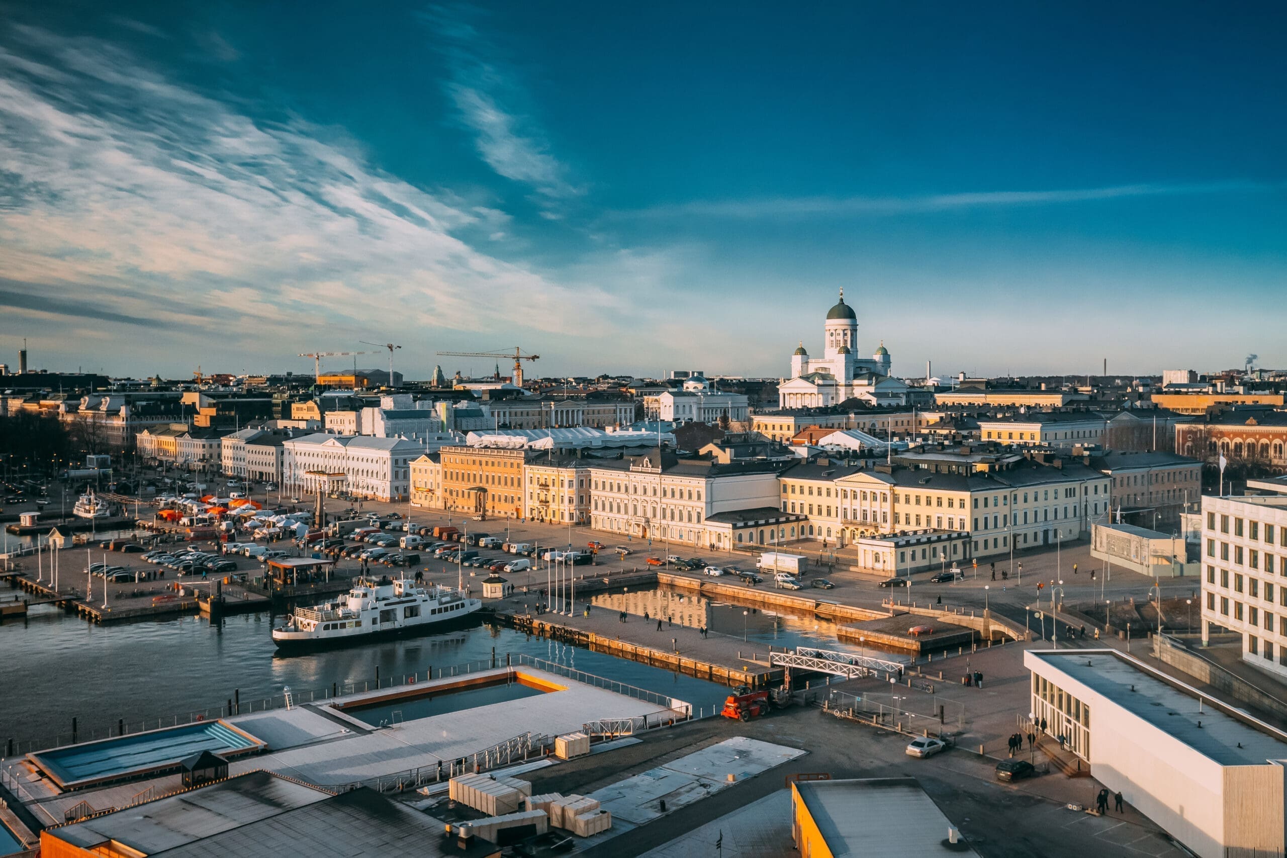 Helsinki, Finland. Top View Of Market Square, Street With Presid